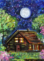ACEO Original PAINTING Spring TREE Night Sky Moon CABIN Nature Landscape ATC ART