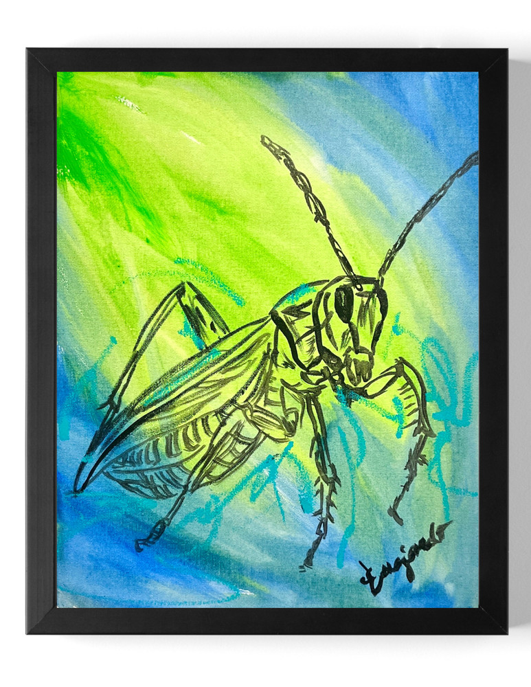 Guajardo Original Art: Grasshopper 14X11 Canvas Signed Interior Home Decor Art