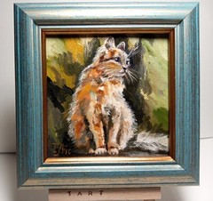 Ginger cat 4×4 inches Mini oil painting framed on stand read