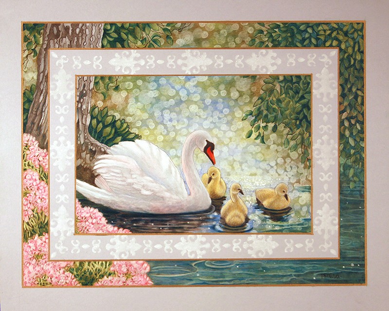 Original Art by Teresa Frazier 19 x 16 Framed Swan with Baby Chics Pink Flowers