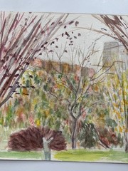 Vintage Watercolor Painting Central Park NYC Field Fall Landscape 13 x 10