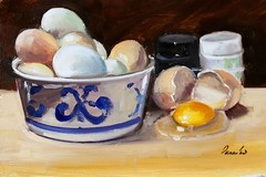 VINTAGE plate and eggs Oil Painting 8x12in Demenko