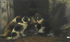 Top listed Edward Joris Moerenhout antique Oil panel dogs at rest signed 19th c