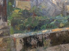 1950’s LRG Mid century Modern Abstract Cityscape Oil Painting Signed 35 x 29 in