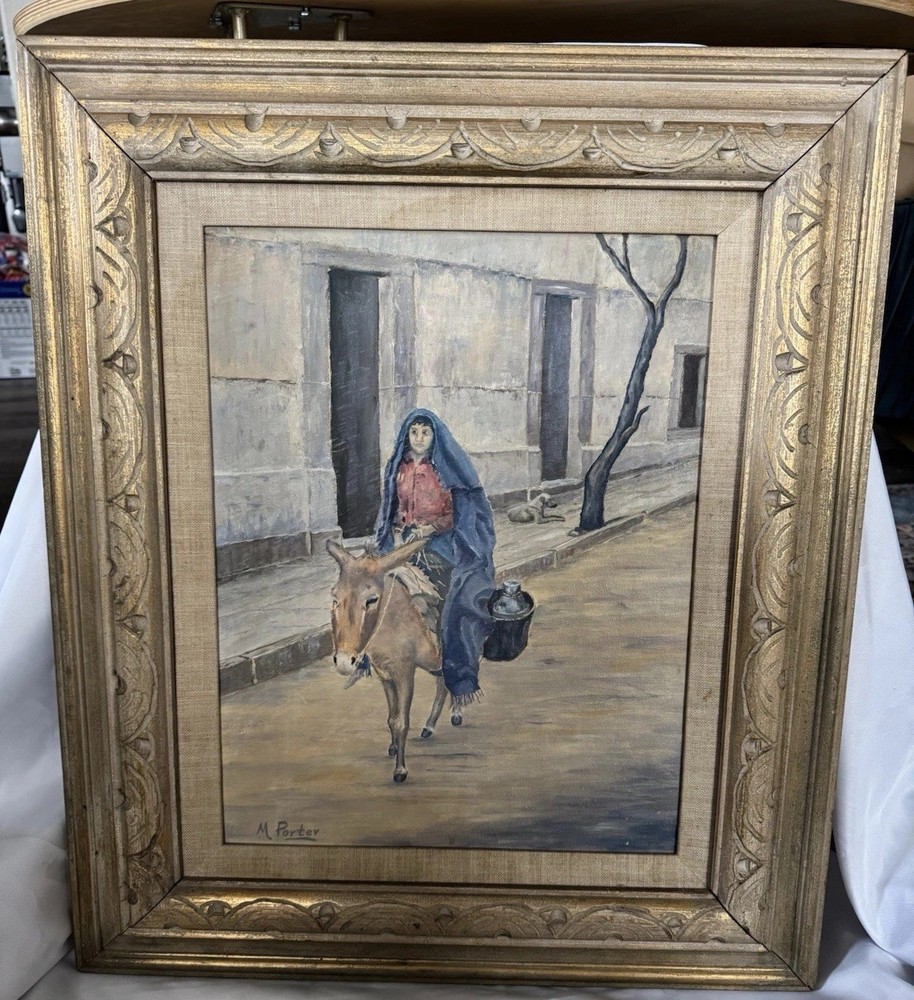 Vtg 60s Milburn Porter Mid Century Original Oil Painting Girl Burro Donkey Frame
