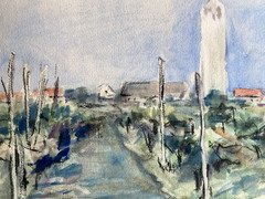 Aquarelle Circa 1950 Southern Landscape With Houses And Tower Unreadably Signed
