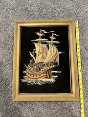 Vintage Velvet Painting Paint by Number? Sailing Ship Galleon Framed Art 18×14″