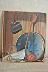 Original Oil Painting Fine Trompe L’oeil Still Life Fruit Spoon Plate Signed