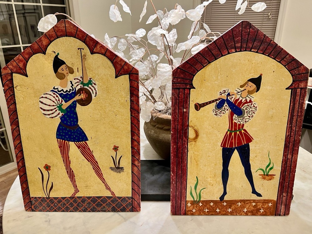 Vintage Folk Art Diptych Hand Painted Wood Panel Pcs Mid Century European Style