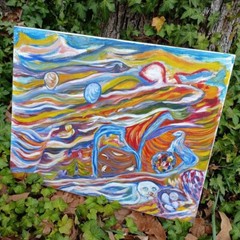 Original Folk Art Painting Beach Panama Sunset Ocean Blue Horse Abstract