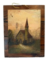 Vintage European Oil Painting Country Landscape Moody Plaque 14×11”