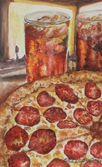 OOAK watercolor painting, Pepperoni Pizza, food and drinks, traditional artwork