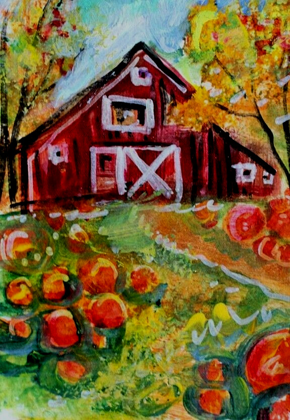 ACEO Original Painting TREE Autumn PUMPKINS Landscape Barn FARM Sun FALL ATC ART