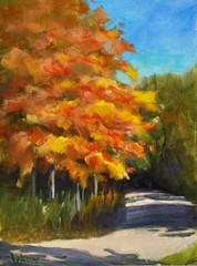 Colorful Fall Trees Painting Leaves Path in Woods Original Oil 9×12 Sue Whitney