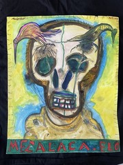 Mexican Folk Art David Mecalco Skull With Restless Birds Still Life Watercolor