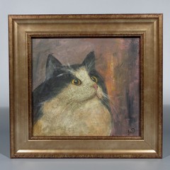 Vintage French Oil Painting, Portrait of a Black & White Cat Yellow Eyes Signed