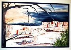 VEL ARGYLE (American, b. 1940) Taos Pueblo Crafting Vintage Watercolor Painting