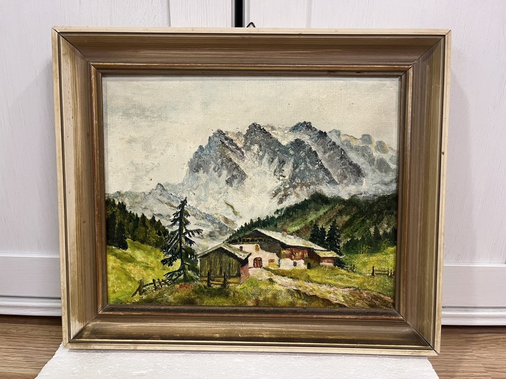 Vintage Oil Painting – Alpine Landscape with Houses, Unsigned, 37 x 31 cm