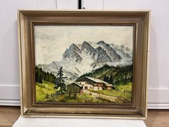 Vintage Oil Painting – Alpine Landscape with Houses, Unsigned, 37 x 31 cm