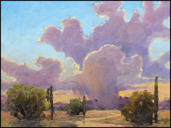 Love Art Original Oil Painting Arizona Desert Purple Clouds Rain Saguaro Cactus