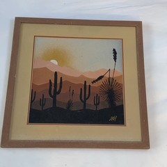 Vintage Sand Painting On Board Signed Sunset