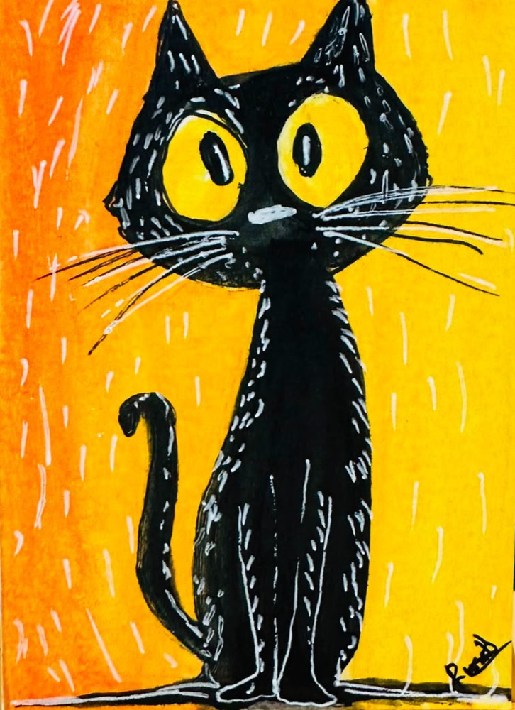 Black Cat ACEO Original Watercolor Painting Halloween Cute Folk Art Mini OOAK
