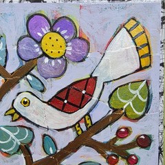 Folk Art ORIGINAL Tree Bird Flower Branch Berry Botanical Bee Nature Whimsy Bugs