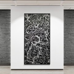 XXL Jackson Pollock Style Black & Silver Abstract Canvas – Handmade Art – 78×39