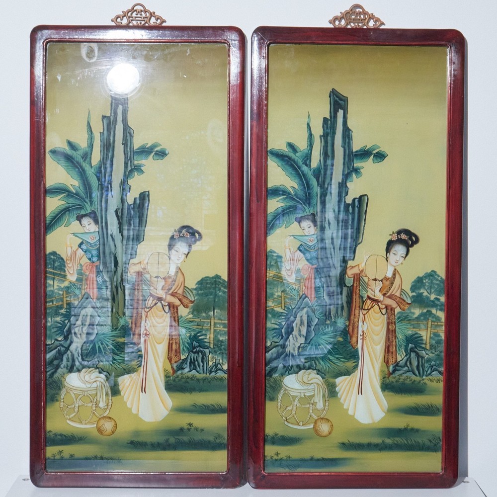 Vintage Chinese Reverse Glass Paintings Peaceful Dwelling Framed Wall Art 29″
