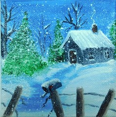 Cabin in snow Winter Landscape Contemporary Painting Original Art by Rain Crow