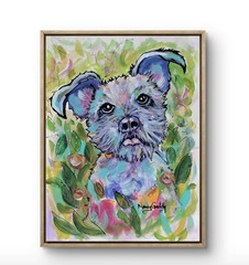 Original 9″ x 1 2″ Pup And Flowers Mixed Media Art PAPER