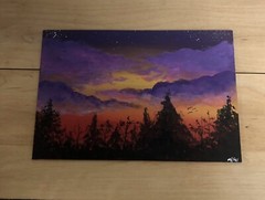 Original 8×12 Canvas Acrylic Painting Sunset Forrest Scenery Signed Mikey