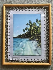 Maldives Shoreline Acrylic Painting on Canvas w/Unique Twine-Woven-to-Wood Mount
