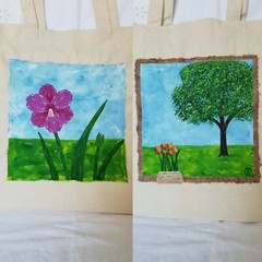 acrylic hand painted medium/large canvas tote, original flower design, amaryllis