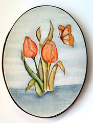 Spring Flower Tulips Butterfly Original Painting Acrylic Oval Wall Art