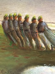 Antique Painting Wpa Regionalism Beach Fisherman Sunset Evening Coastal Sea Oil