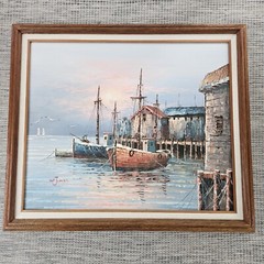 Vintage Oil On Canvas Ship Harbor Painting By W. Jones Framed William Jones