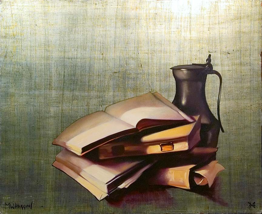 Michael Huggins BOOKS, PEWTER Original Oil Painting on silver leaf board, OBO!
