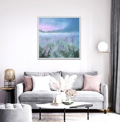 Large statement floral landscape painting pink blue flowers wall art