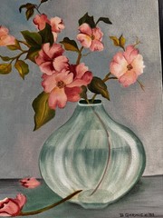 D. Garwick 1983 Oil Painting Still Life Flowers Pink Aqua Vase 12×16 inch