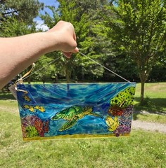 Sea Turtle Ocean Scene Hand Painted Suncatcher ART Panel Hanging Underwater Pic