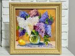 Original Oil Painting Lilac Flowers Spring Still Life Art Signed 15×15 in FRAMED