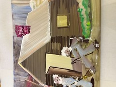 Vintage Hand Painted Watercolor Outsider Art Men Sunrise Cabin In Forest