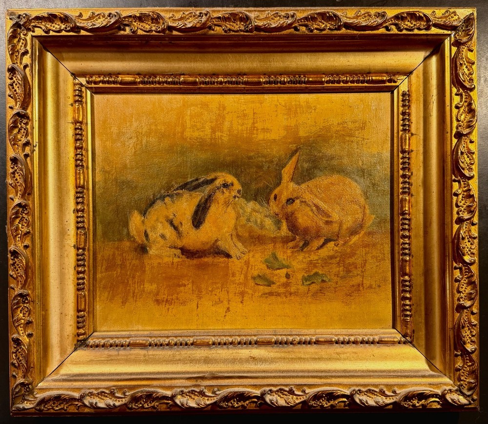 1880’s-90’s Antique Oil Painting Rabbits with Gold Gilt Frame – Rabbit, Bunny