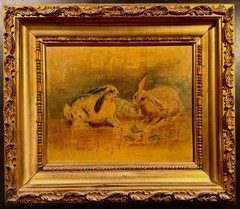 1880’s-90’s Antique Oil Painting Rabbits with Gold Gilt Frame – Rabbit, Bunny