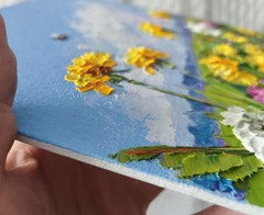 Original Oil painting Dandelions on Canvas board 25x25cm Flowers Artwork Signed