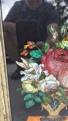 Antique Beautiful Victorian Framed Tinsel Reverse Foil Painting Floral Tinfoil