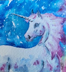 ACEO OOAK Watercolor Unicorn Night Sky Stars Moon Diane Bentley ACEO Moon
