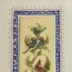 Persian Hand Painted Birds Peacock Flowers on Camel Bone in Khatam Inlay Frame