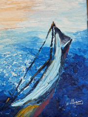 WILLIAMS SIGNED NAUTICAL OIL PAINTING SAILBOAT AT SEA PALETTE KNIFE IMPASTO ART